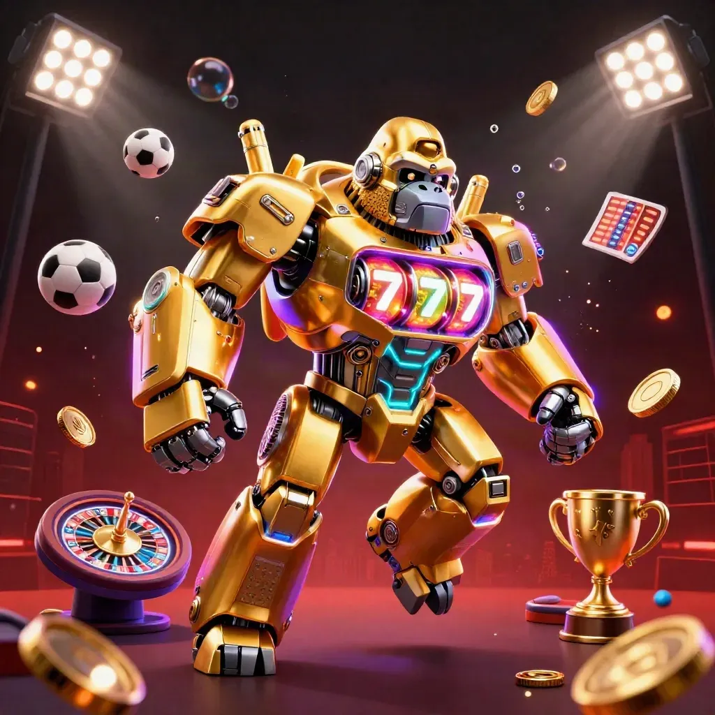 Golden gorilla mech with tiny monkey pilot amid casino balls, coins, and neon lights.