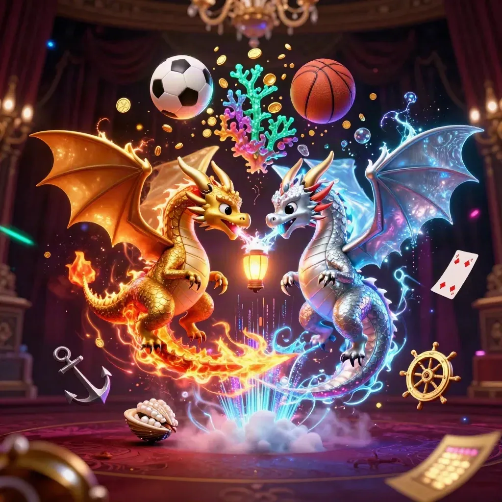 Twin gold and silver dragons spiral amid casino treasures, neon bolts, and dark luxury bokeh.
