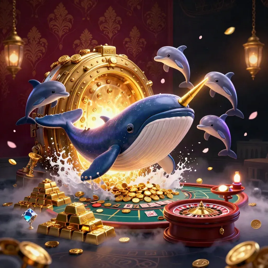 Whale captain, narwhal, and dolphins burst from coins by a glowing treasure vault.