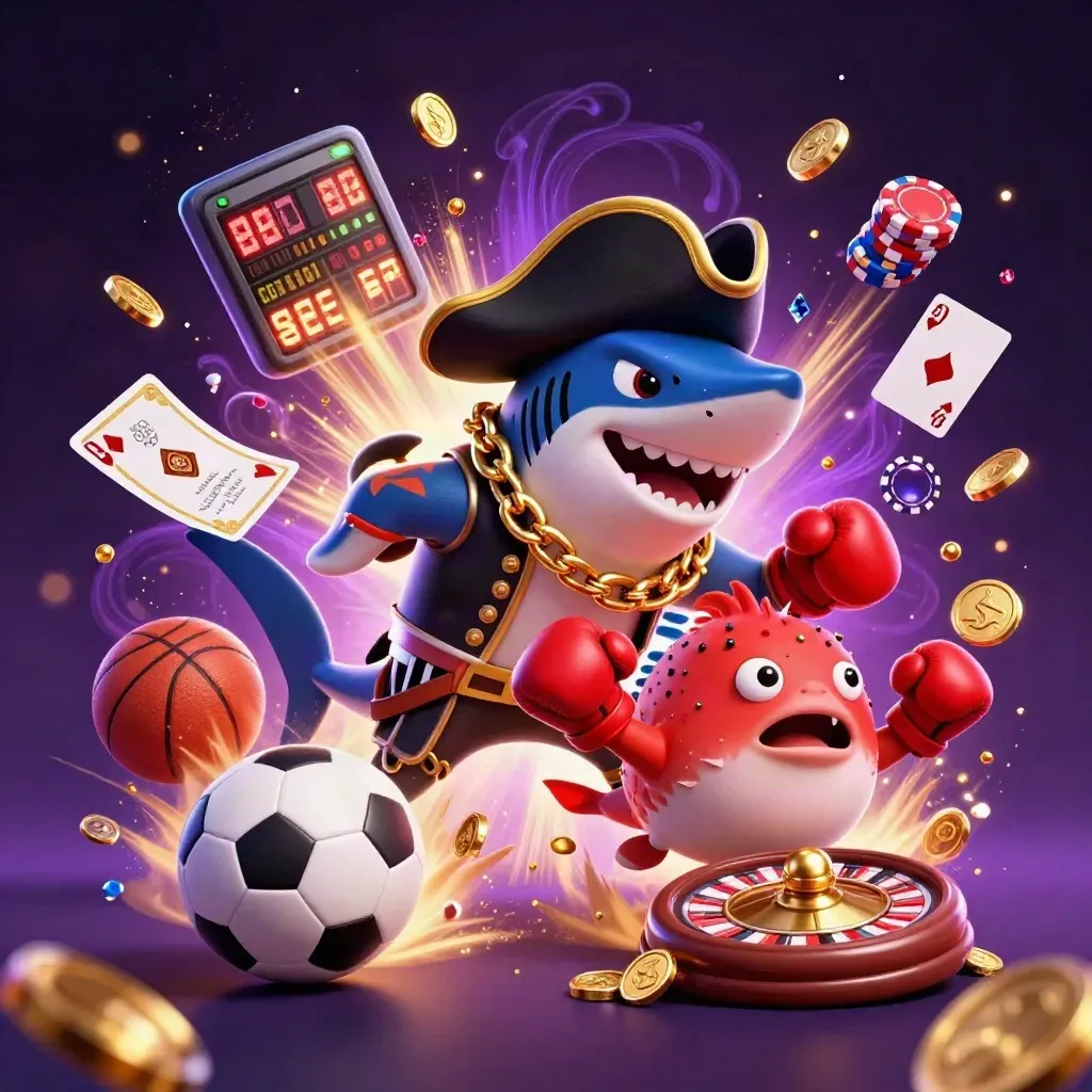 Pirate shark, pufferfish, and octopus amid casino coins, cards, roulette, and sports balls
