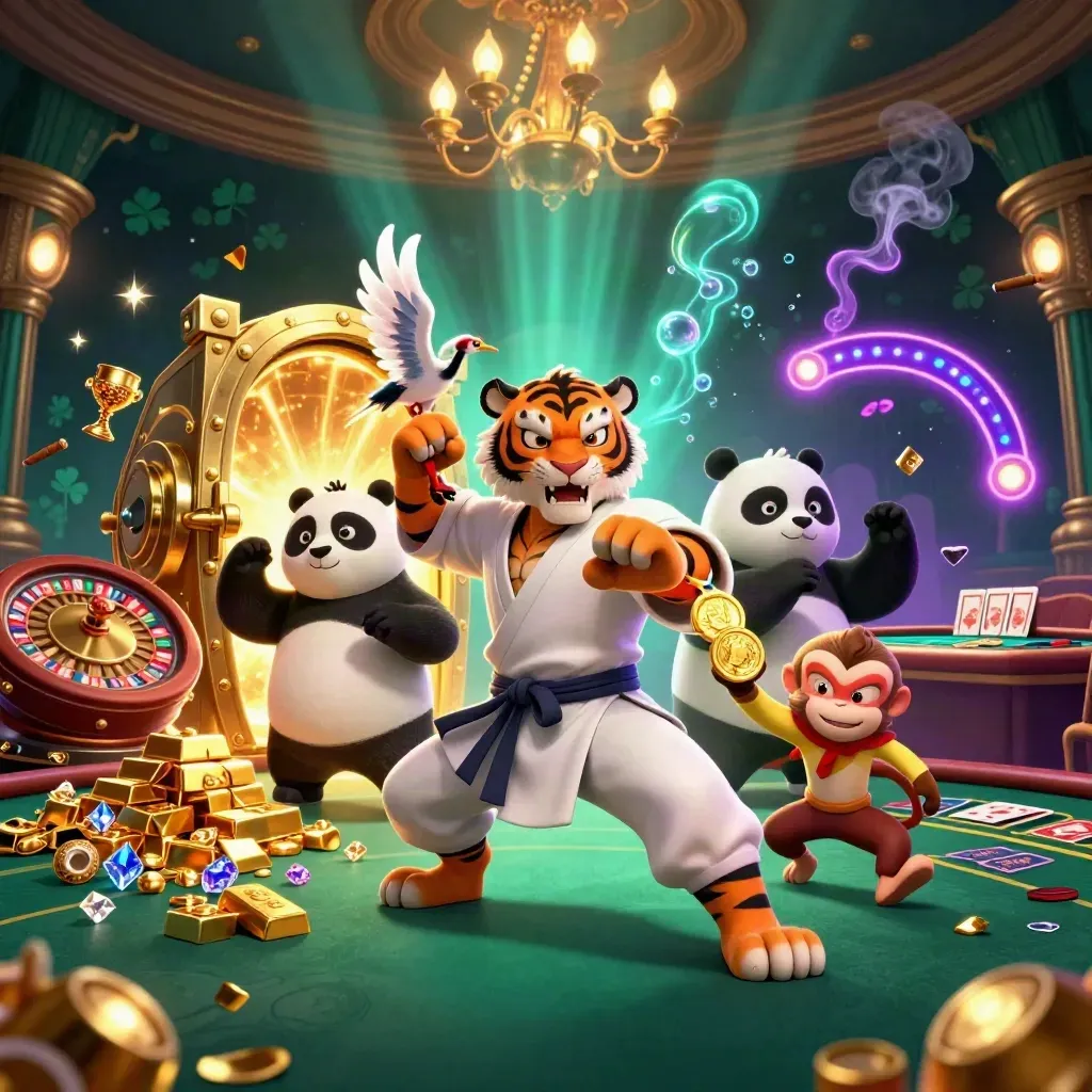 Kung-fu tiger, panda, and monkey amid vault gold, gems, chandelier glow, and casino table energy