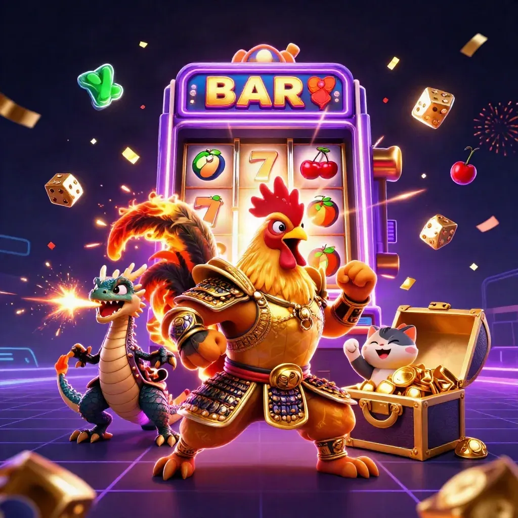 Rooster warrior, spark-breathing dragon hatchling, and cheering fortune-cat amid slot jackpot bursts