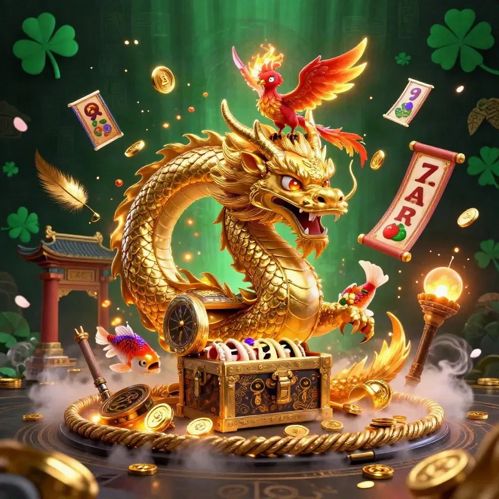 Golden dragon, phoenix, and koi amid treasure, neon casino magic, emerald dark background.