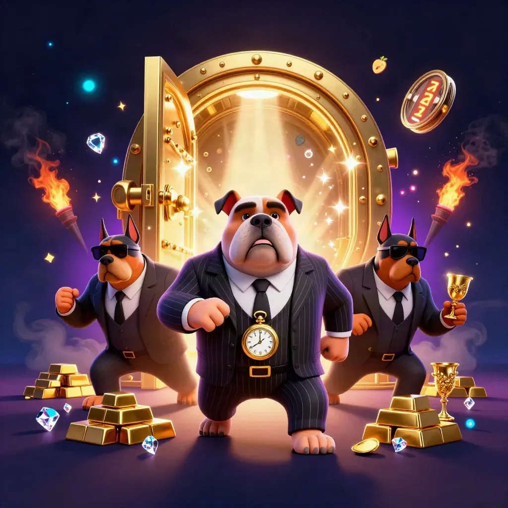 Bulldog mob boss and Doberman guards burst from a golden vault amid gems and gold