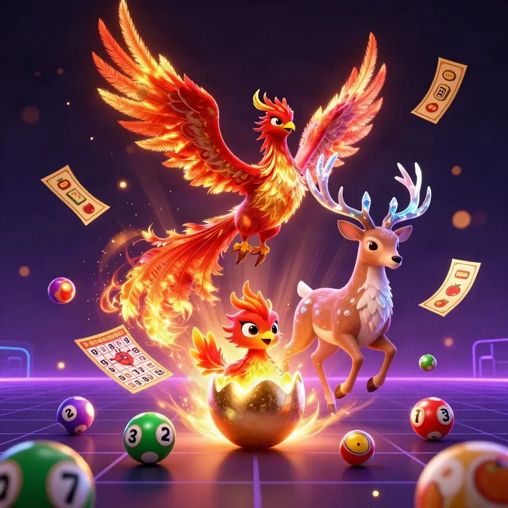 Phoenix and stag burst through a neon casino scene with lottery balls and gold tickets