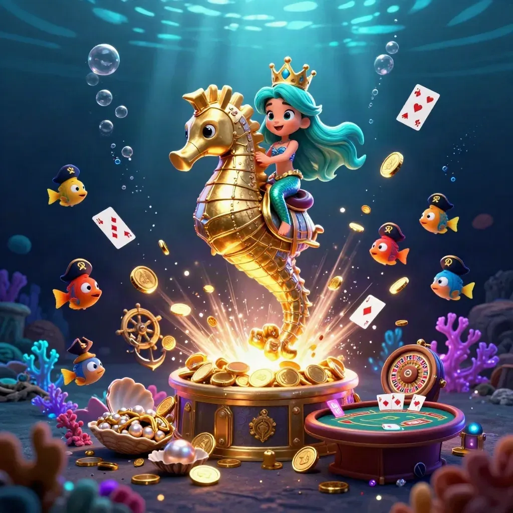 Mermaid princess on armored seahorse with pirate fish amid coins, cards, coral, and casino glow