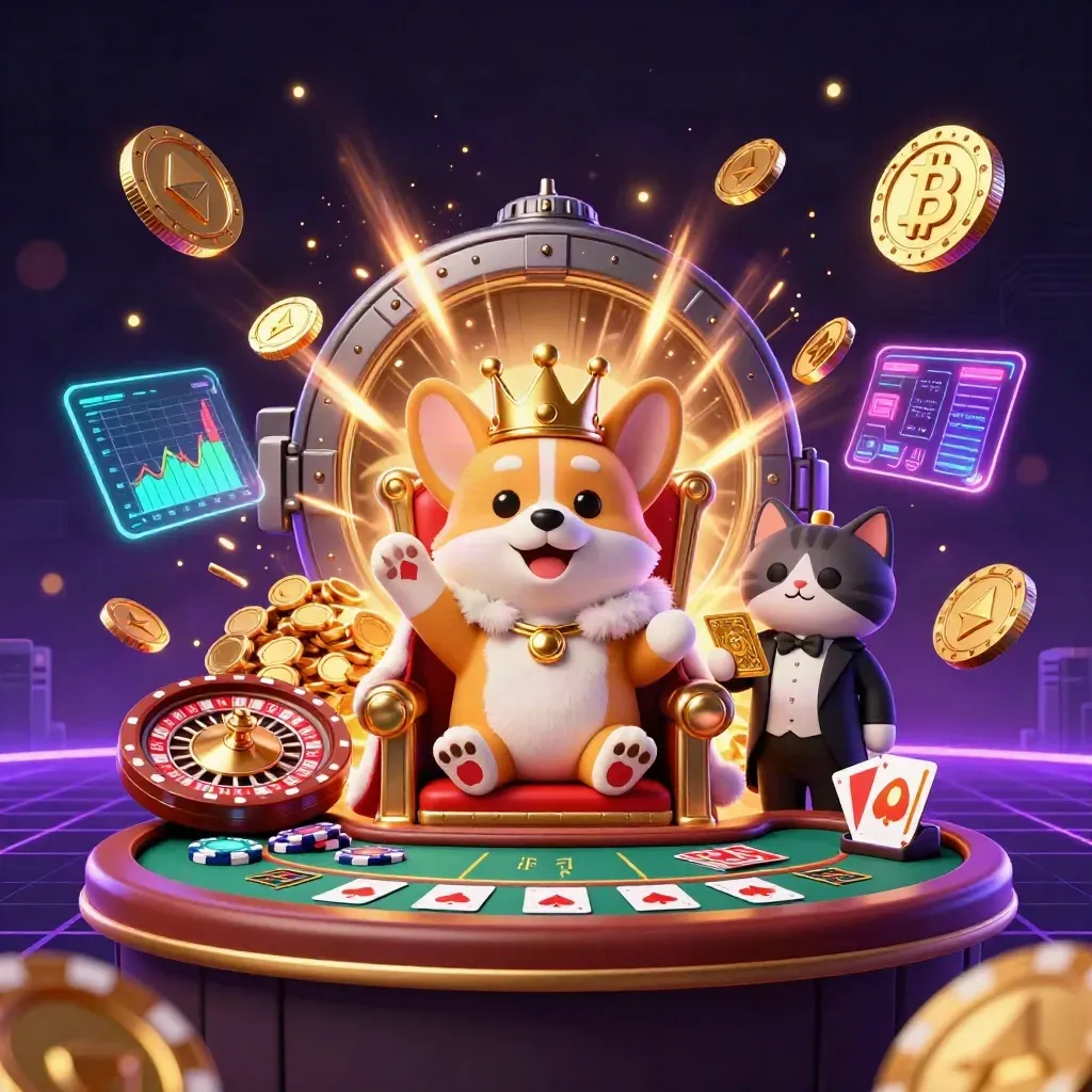 Royal corgi and cat butler amid coins, fireworks, crypto glows, roulette wheel, neon casino treasure.