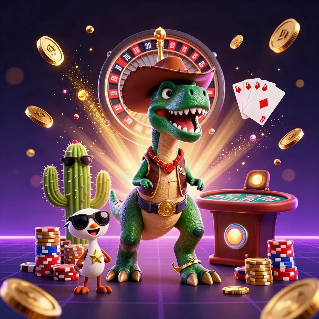 Cowboy T-Rex, cactus, and roadrunner burst from a neon casino treasure storm.
