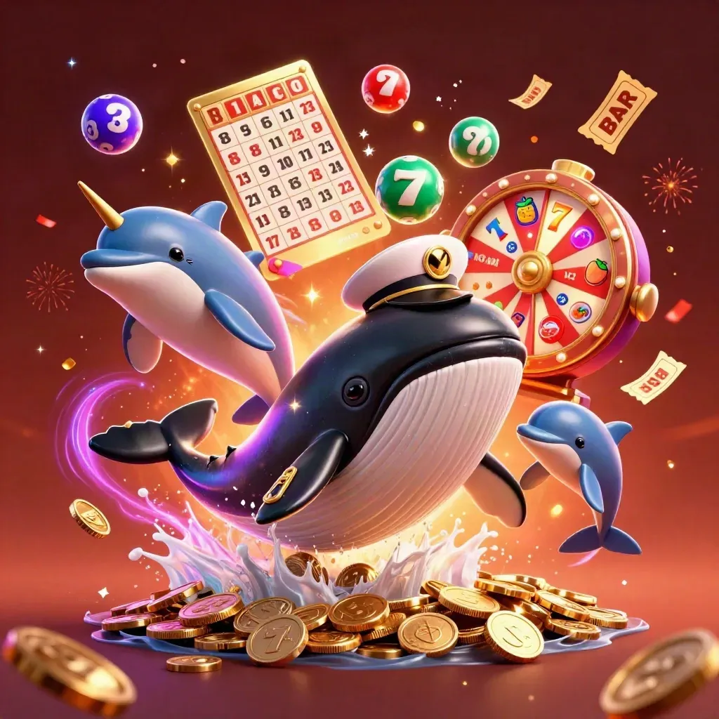 Whale captain, narwhal, and dolphins burst through coins with casino props and fireworks.