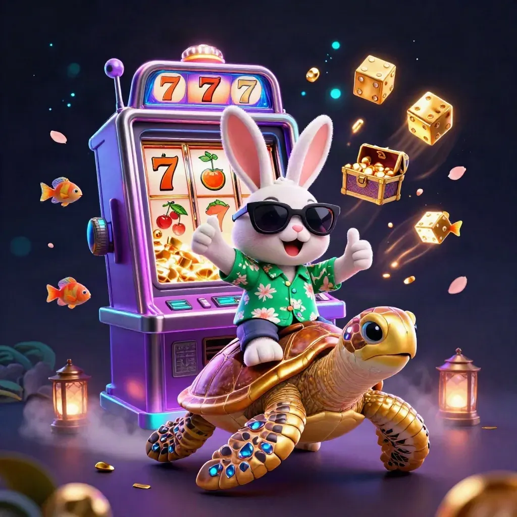 Lucky rabbit rides a golden sea turtle amid slot reels, dice, gold, and neon casino magic.