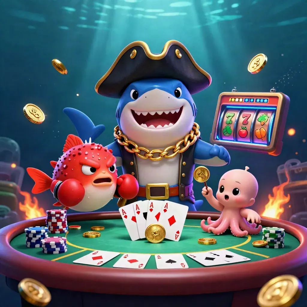 Pirate shark, boxing pufferfish, and coin-juggling octopus exploding from a poker table underwater.